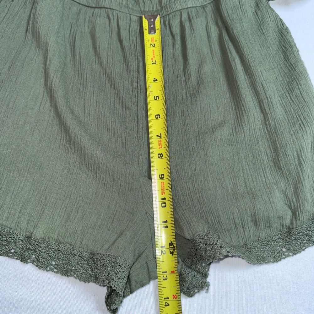 Aerie Olive Green Popover Romper Crochet Lace Trim Tie Straps Medium - Picture 8 of 12